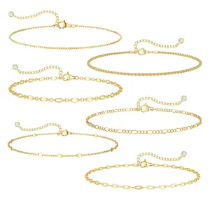 Loyalove 6 Gold Ankle set for Women Waterproof - Dainty Link Chain Herringbone Cute Anklets Set Pack Summer Beach Jewelry Gift for Women Gift For Mother's Day