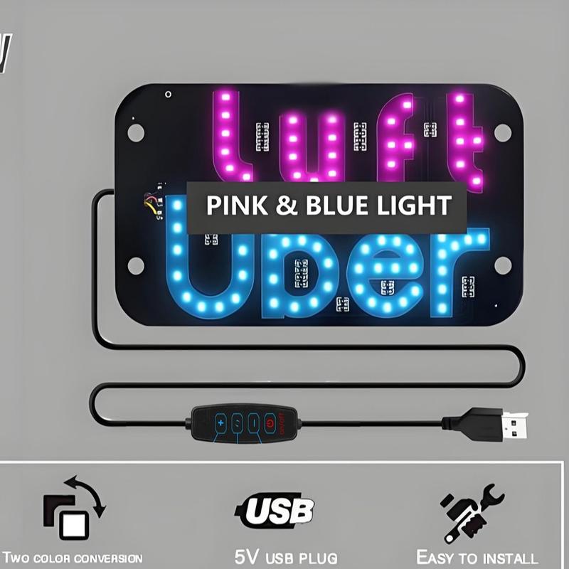U/L Taxi Sign Light LED Decal for Car Windshield with Suction Cups USB Plug Dual-Color Conversion Scrolling Display Board Pink & Blue Light