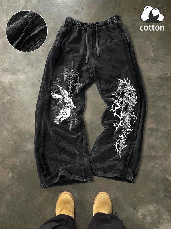 Unisex Gothic Street Style Wide Leg Pants, Dark Angel Cross Graphic Casual Long Pants, Pure Cotton Fitted Bottoms for All Seasons