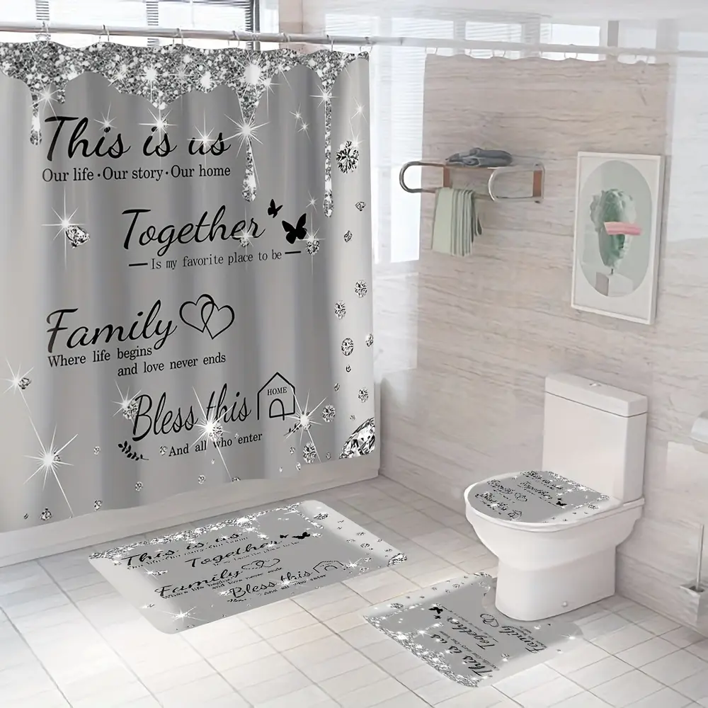 4pcs Sparkling Diamond Letter Printed Shower Curtain for Bathroom Luxury Grey Shower Curtains Set with Bath Mats Rugs Non-slip Carpet Toilet Lid Cover Home Decor Bathtub Partition Bathroom Accessories