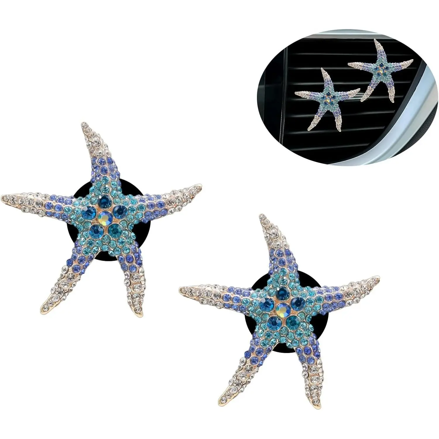 ORIESSE Beach Car Decor,Cute Coastal Car Vent Clips,Starfish Car Air Freshener,2pcs Ocean Themed Dashboard Accessories for Women Teens,Refillable Blue Rhinestone Diffuser
