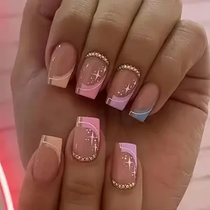 24pcs French Multicolor Star Nail Wraps, Medium-Length Glitter Rhinestone Nails, Nude Gradient + Star Lines, Reusable False Nails