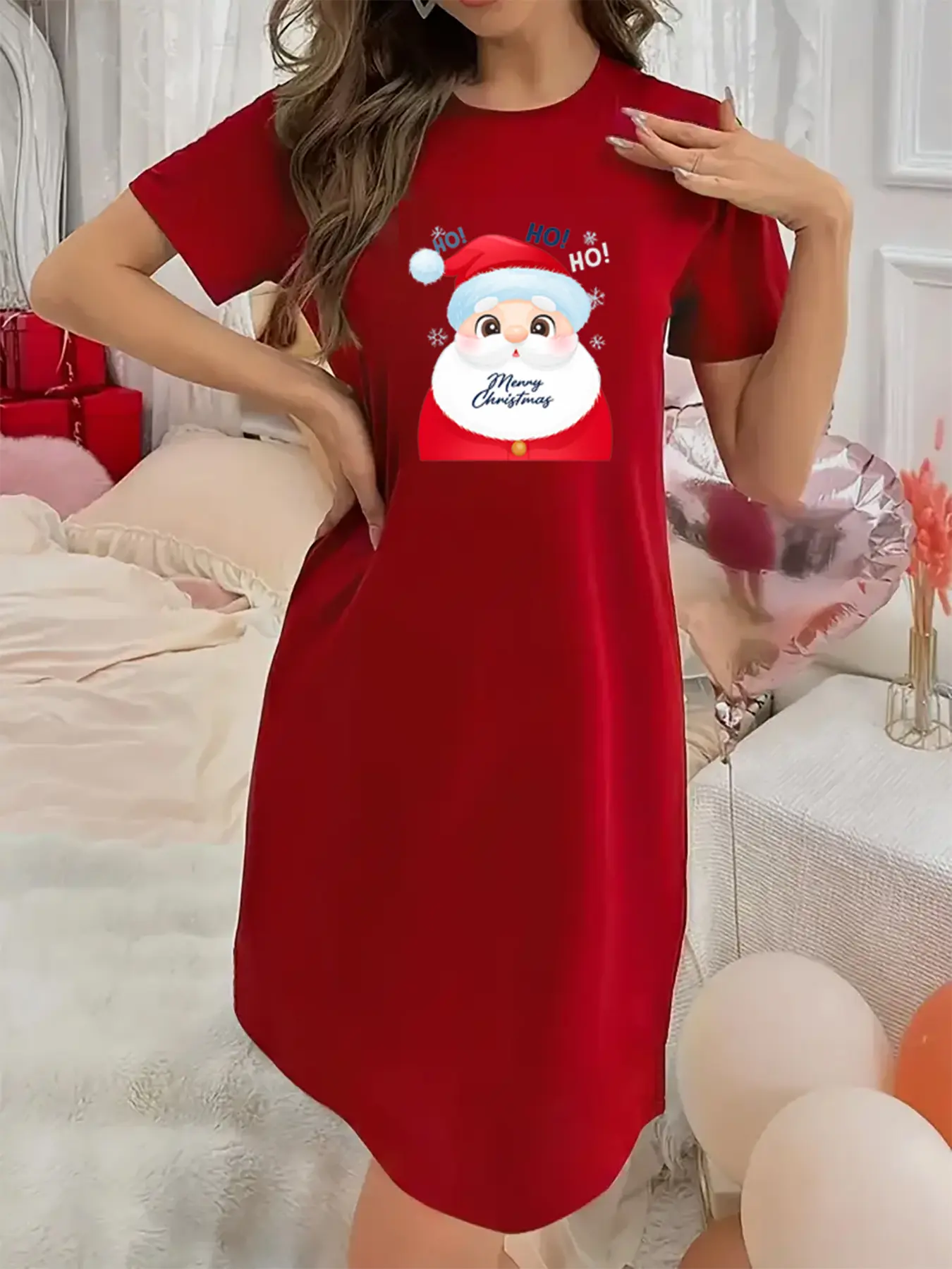 Soft Micro Elastic Summer With Cute Santa Claus avatar Print Short-Sleeved Crew Neck Night Dress - Machine Washable, Casual, Comfortable Homewear For Women Cute Short gown night gown women Suitable for Halloween, Christmas and Thanksgiving