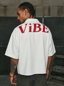 Unisex Oversized Baggy "VIBE" Graphic Camp Collar Shirt, Cropped Short Sleeve Button Down Button Front Shirt, Y2K Streetwear, Summer Casual Outfit, Skateboarding Style, Festival Style, Concert Outfit, Street Style