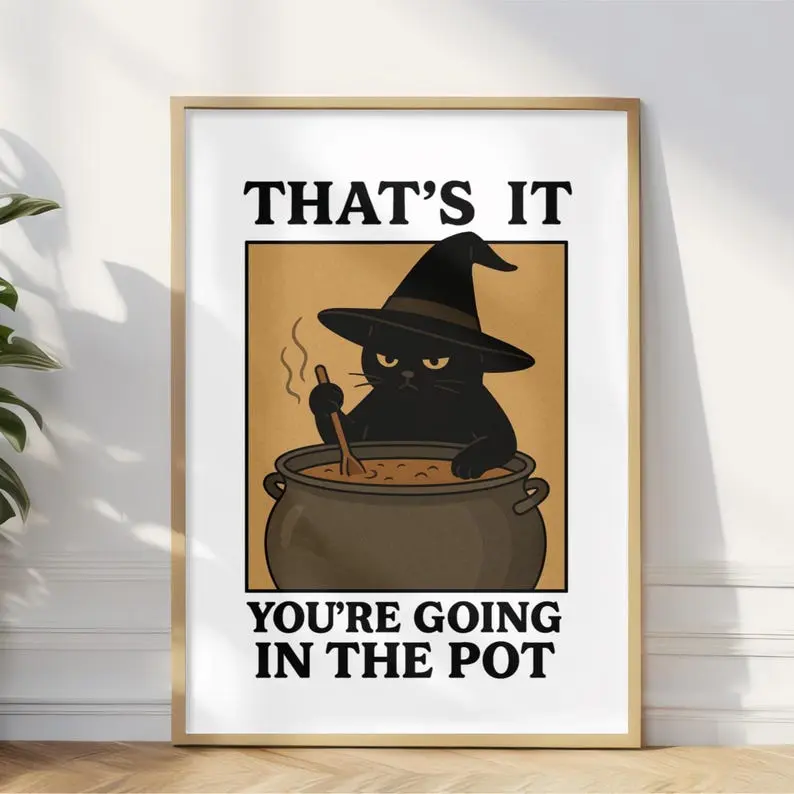 Witch Cat Halloween Poster,  Funny Black Cat Cauldron Art