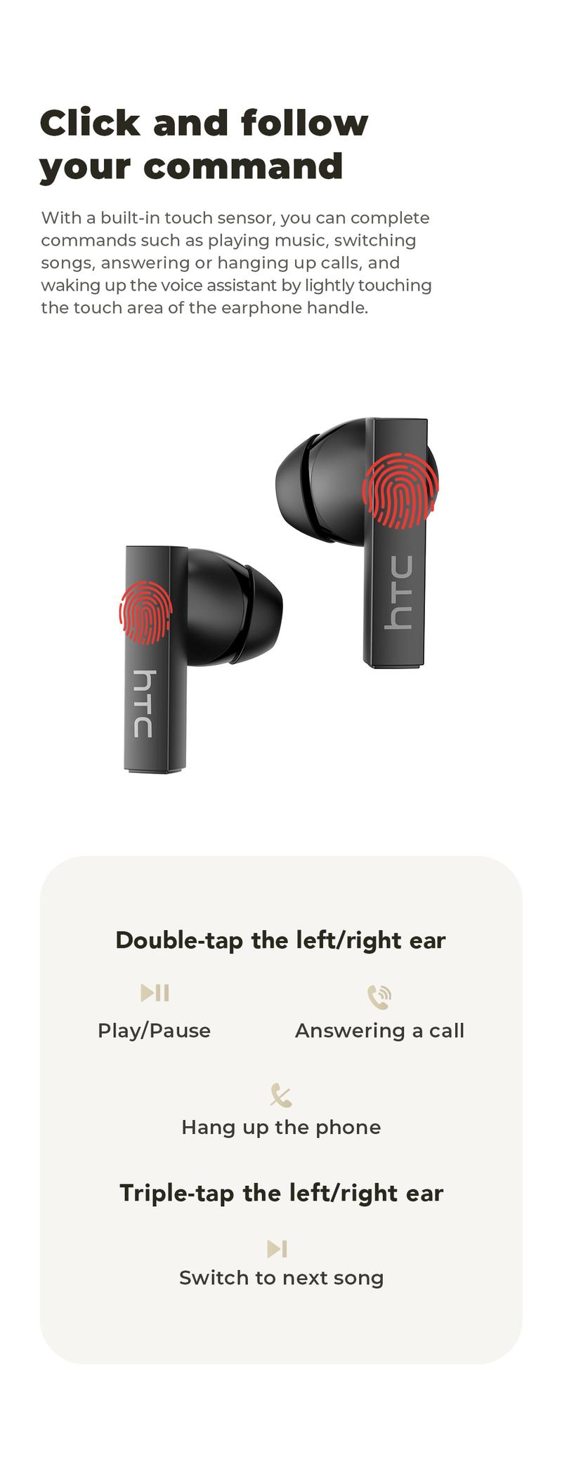 HTC NE40 Wireless Earphones Bluetooth 6.0, LED Display High Fidelity, for Gaming, Office, Sports, Music & Phone Calls TWS Earbuds , IPX5 Waterproof Earphones, Built-in Microphone In Ear Earphones