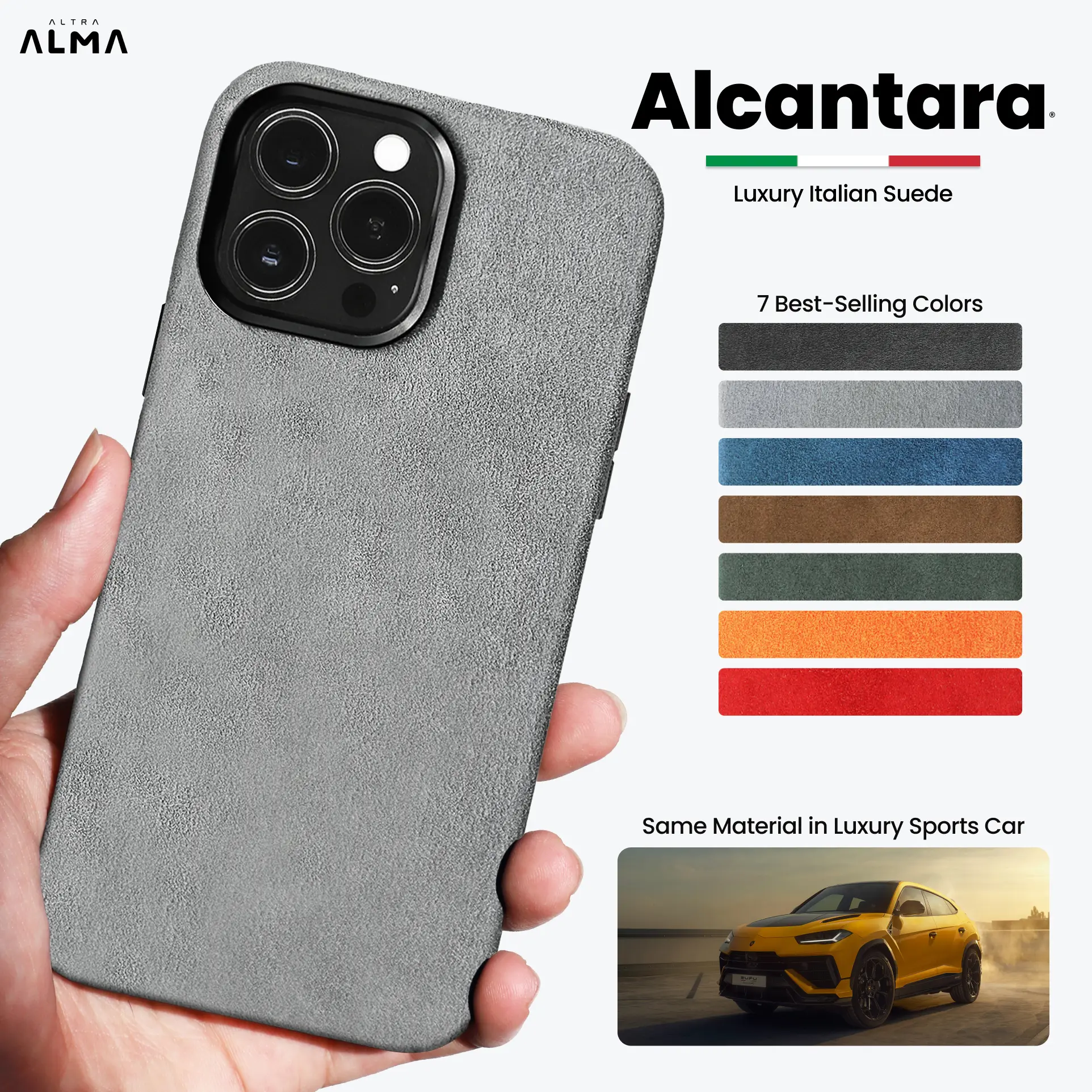 ALMA Alcantara iPhone Case, For iPhone 14/15/16 Pro and Pro Max, Made With Luxury Italian Suede, MagSafe Compatible Accessories, Protective, Stylish, Unique, Premium iPhone Case, Protection Shockproof Cellphone Smartphone Cover