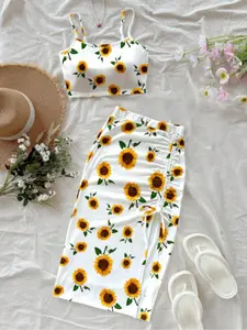 Women's Casual Strap High Slit Bodycon Dress Set, Sunflower & Floral Print, Perfect for Vacation, Spring Break, Outdoor Activities, Clothes, Womenswear