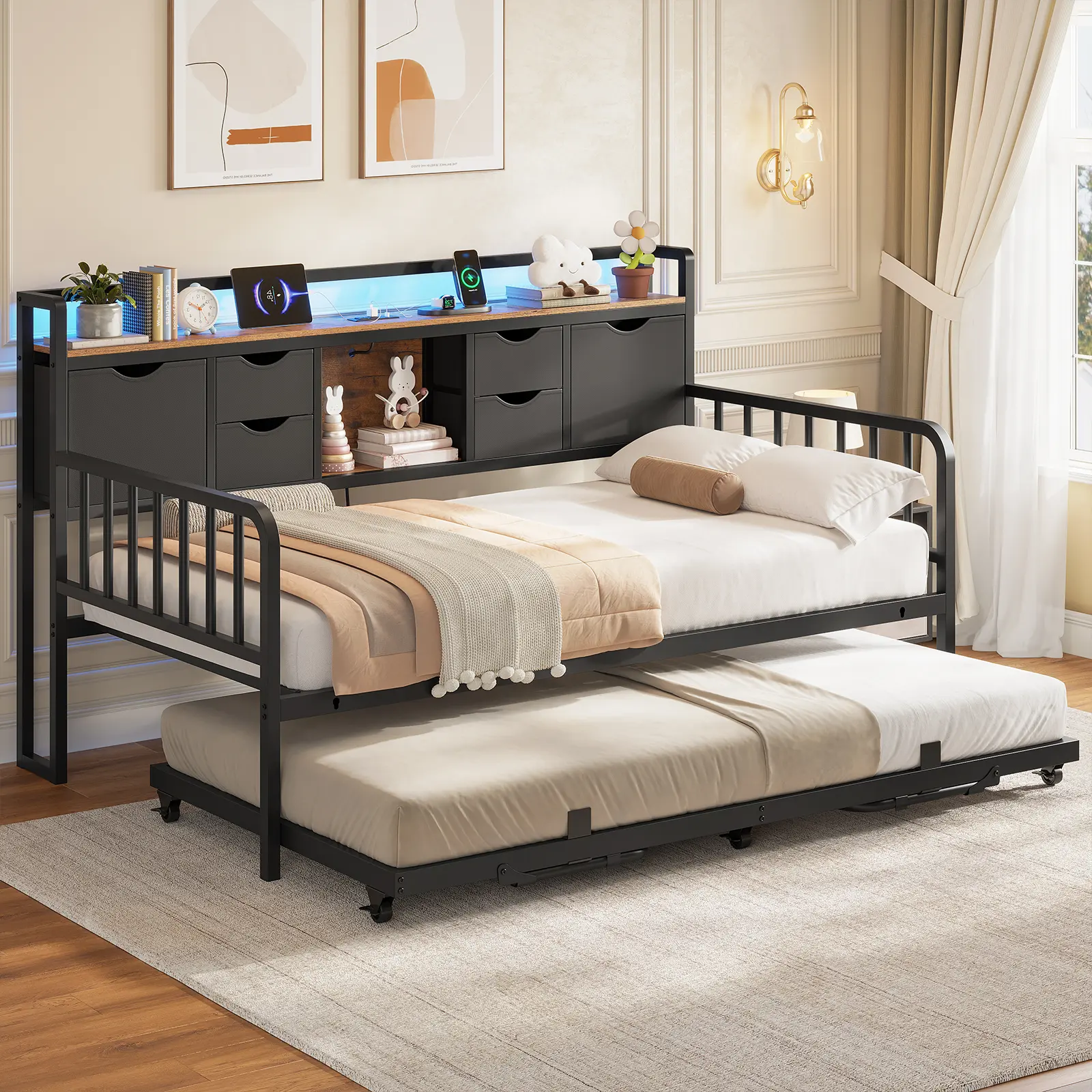 ADORNEVE Daybed with Trundle, Twin Day Bed with Storage Headboard & Charging Station, Height Adjustable Metal Trundle Bed Twin, Sofa Bed Frame for Living Room, Bedroom and Guest Room