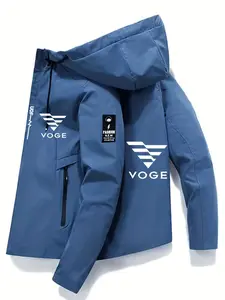 Men's Fashion High-Quality Voge Logo Hooded Zipper Windproof Cycling Jacket, Long Sleeve, Fitted, Outdoor Sports, Spring & Fall