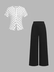 2 Piece Polka Dot Fitted Short Sleeve Open Front T-Shirt & High Waist Wide Leg Pants, Women Minimalist Daily Wear Outfit Set
