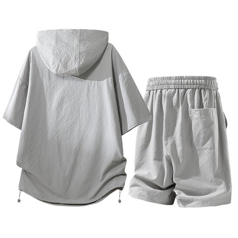 New summer casual men’s short-sleeve T-shirt and shorts set featuring bubble plaid, a hood, faux solid color, minimalist style—versatile loose fit two-piece set. #SummerWins