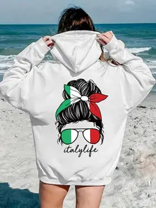 Women's Italy Flag & Figure & Letter Print Drop Shoulder Hoodie, Fashion Casual Drawstring Pocket Hooded Sweatshirt for Daily Holiday Outdoor Wear, Ladies Clothes for Fall & Winter