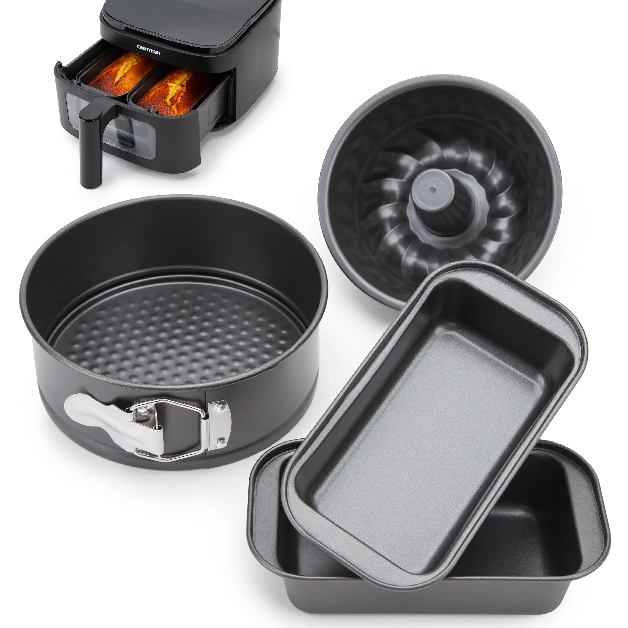 CARTMAN 4-Piece Air Fryer Bakeware Set, Non-Stick Carbon Steel Mini Springform, Bundt Cake Pan, 2 Loaf Pans, Fits Ninja, Chefman, Cosori, Instant Pot, Non-Toxic with Online Recipe Guide