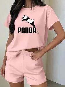 Women's Solid Co-ord Set, Casual Short Sleeve Panda Tee & Elastic Waist Shorts Set, Women's Summer Clothes for Daily Wear, Cute Summer Outfit