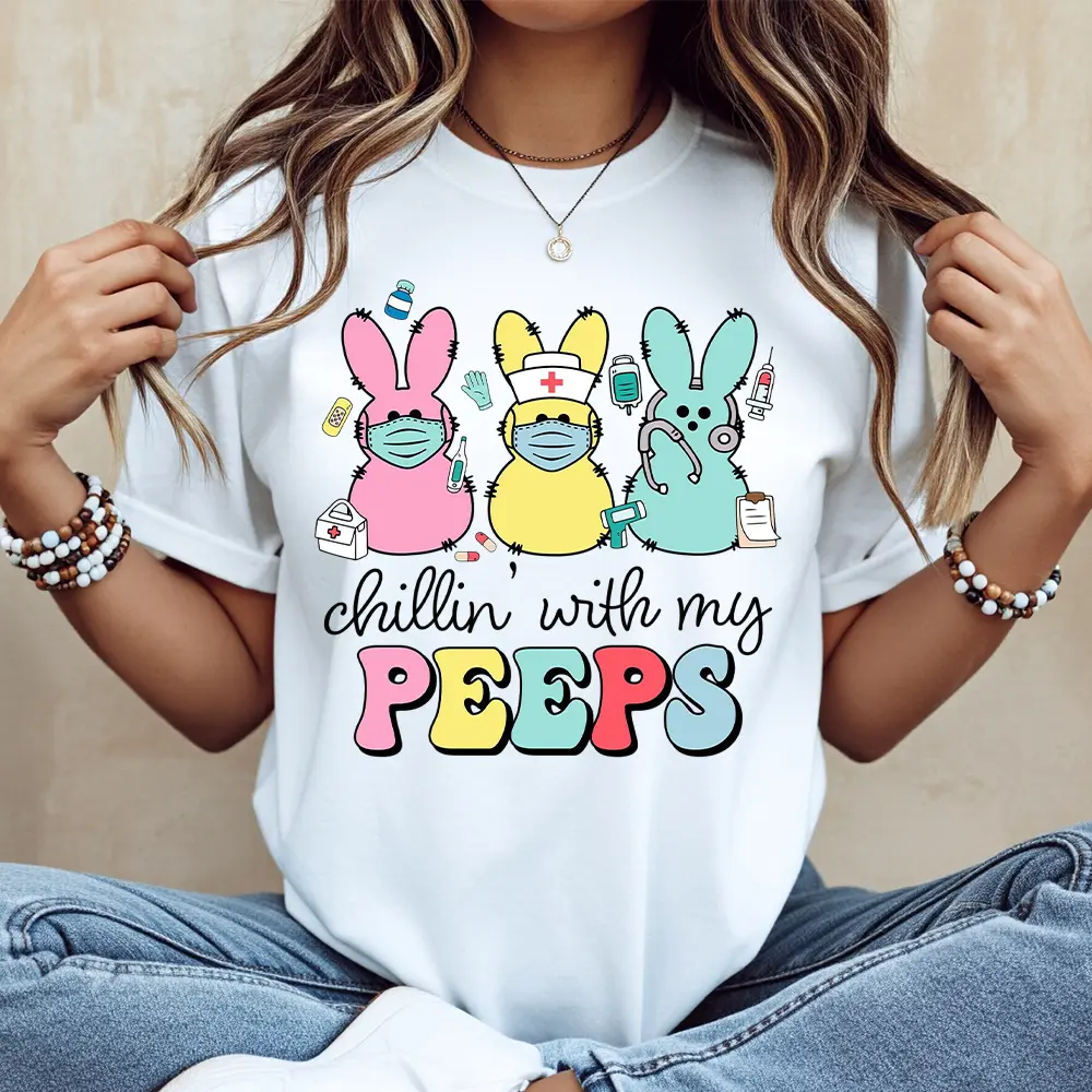 Peeps Bunny Doctors And Nurses Print T Shirt White Casual Loose Fit For Easter And Spring Outfits