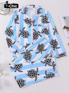 2-piece set of women's black and white striped turtle print long sleeved pants, knitted, soft and comfortable, skin friendly and smooth top, small pocket button closure, elastic waistband, suitable for all seasons home, casual wear, loungewear, pajamas