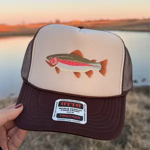 Trout Trucker Hat - Lightweight Foam Front, Sunset-Inspired Trout Design, Adjustable Snapback, Breathable Mesh Back, Perfect for Fishing Trips & Everyday Wear
