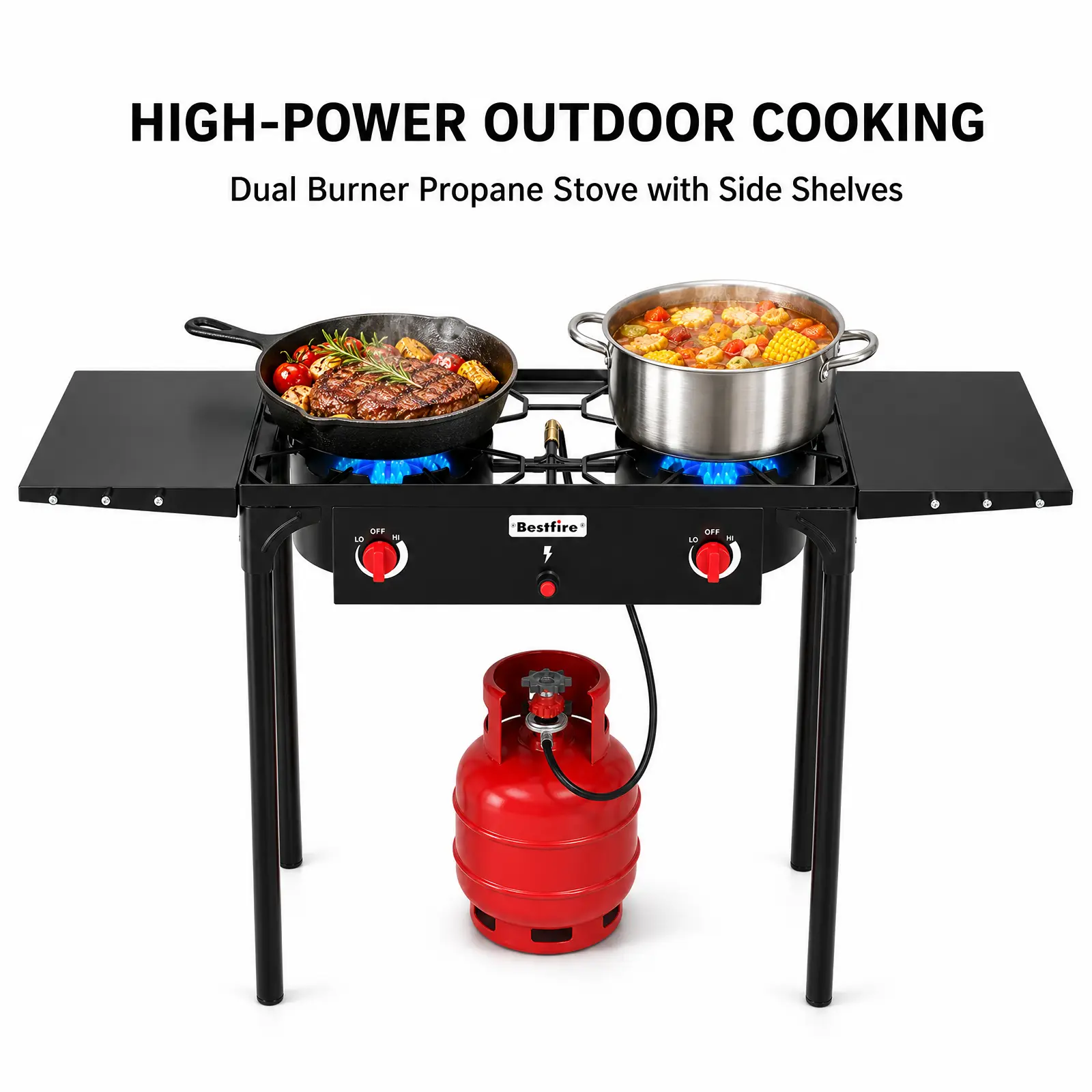 BESTFIRE 150K BTU Dual Burner Gas Stove, Heavy-Duty Cast Iron Portable Kitchen with Windproof Flame, Side Shelves & Removable Legs for Camping & BBQ turkey frying brewing patio cooking outdoor propane psi regulator picnic cooker seafood boil