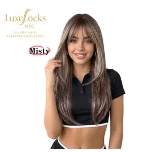 Misty-Ash Brown Highlight Long Layered Wig with Wispy Bangs Face-Framing Everyday Wig