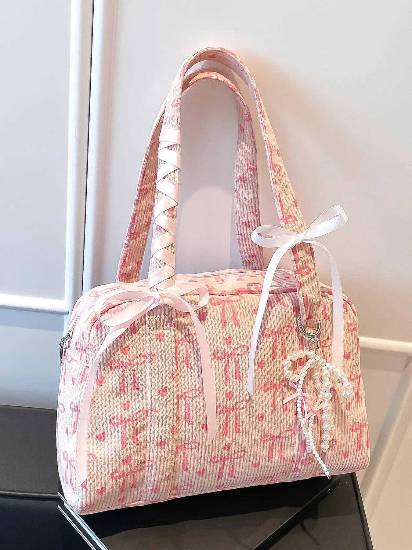 Valentine's Day gift, Unique bags, niche design sweet pink velvet Casual shoulder bag, crossbody purses, corduroy butterfly bow with pearl pendant armpit bag, fashionable shopping purse, cute, multi-functional, suitable for students commuting, shopping