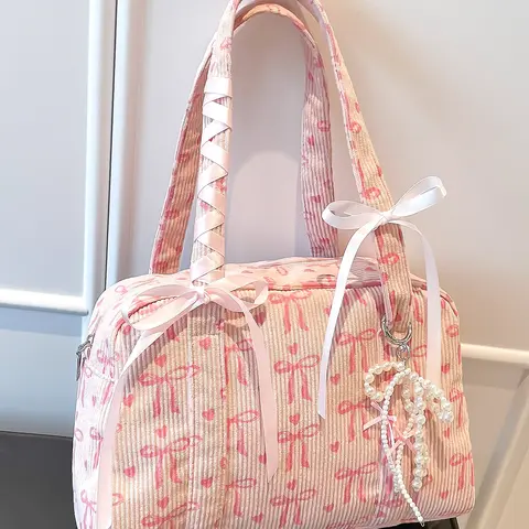 Valentine's Day gift, Unique bags, niche design sweet pink velvet Casual shoulder bag, crossbody purses, corduroy butterfly bow with pearl pendant armpit bag, fashionable shopping purse, cute, multi-functional, suitable for students commuting, shopping