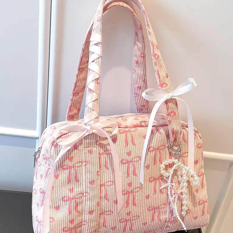 Valentine's Day gift, Unique bags, niche design sweet pink velvet Casual shoulder bag, crossbody purses, corduroy butterfly bow with pearl pendant armpit bag, fashionable shopping purse, cute, multi-functional, suitable for students commuting, shopping