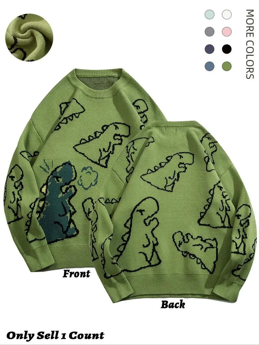 Unisex Sweater, Classic Trendy Print Round Neck Longsleeves Dinosaur Sweater, Loose Soft Crew Neck Jumper Tops for Fall & Winter, Sweater for Men, Back to School Outfits, Men's Spring Knitwear Clothes