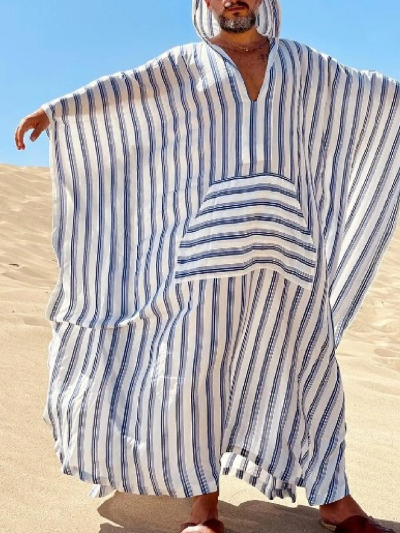 Men's Striped Print Pocket Batwing Sleeve Lounge Robe, Loose Casual Comfy Hooded Long Sleeve Dressing Gown for Spring & Fall, Men's Islamic Clothing f