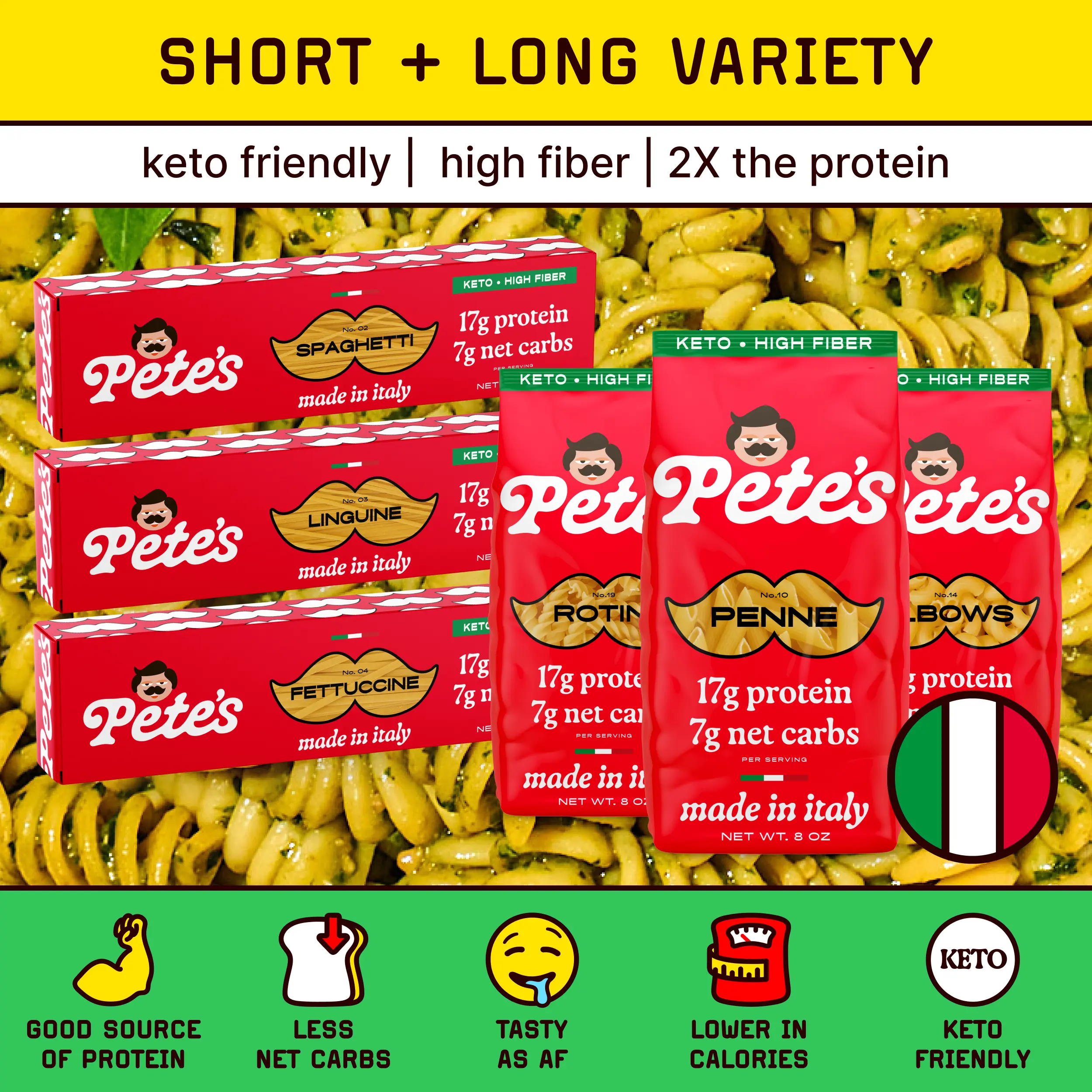 Variety Pack – Spaghetti, Penne, Rotini & More – Protein-Packed, Less Carbs | Pete’s Protein Pasta
