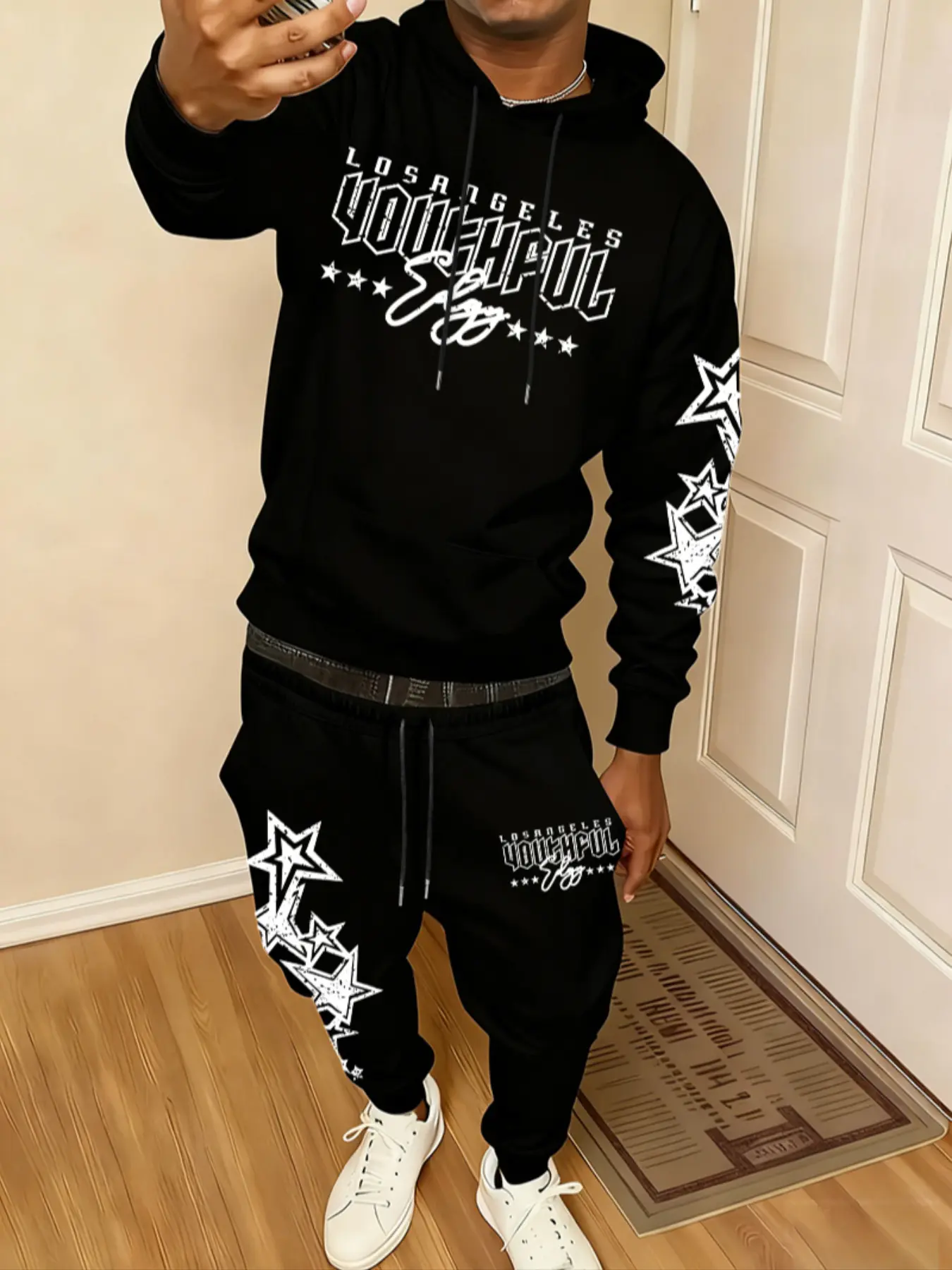 Men's Spring Fall Trendy Star Print Hoodie Set, Casual Streetwear, Sports Leisure, Fashionable, Daily Wear