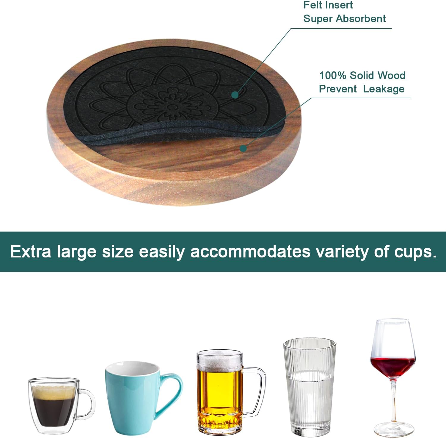 Wood Coasters for Drinks, Absorbent Coaster Sets of 5, Drinks Coasters for Coffee Tabletop Protection, Non-Slip, Non-Stick, Suitable for Kinds of Cups Wooden Table Drink, 4.3 Inches Black
