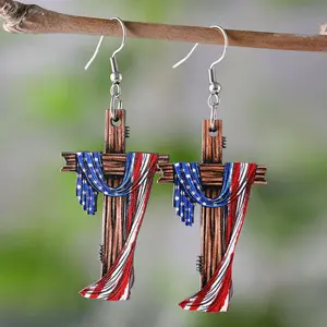 Patriotic Memorial Day American Flag Cross Wooden Pendant Earrings - Stainless Steel Hooks, Vintage Minimalist Style Suitable for Casual Wear, Independence Day Holiday Party Jewelry Accessories