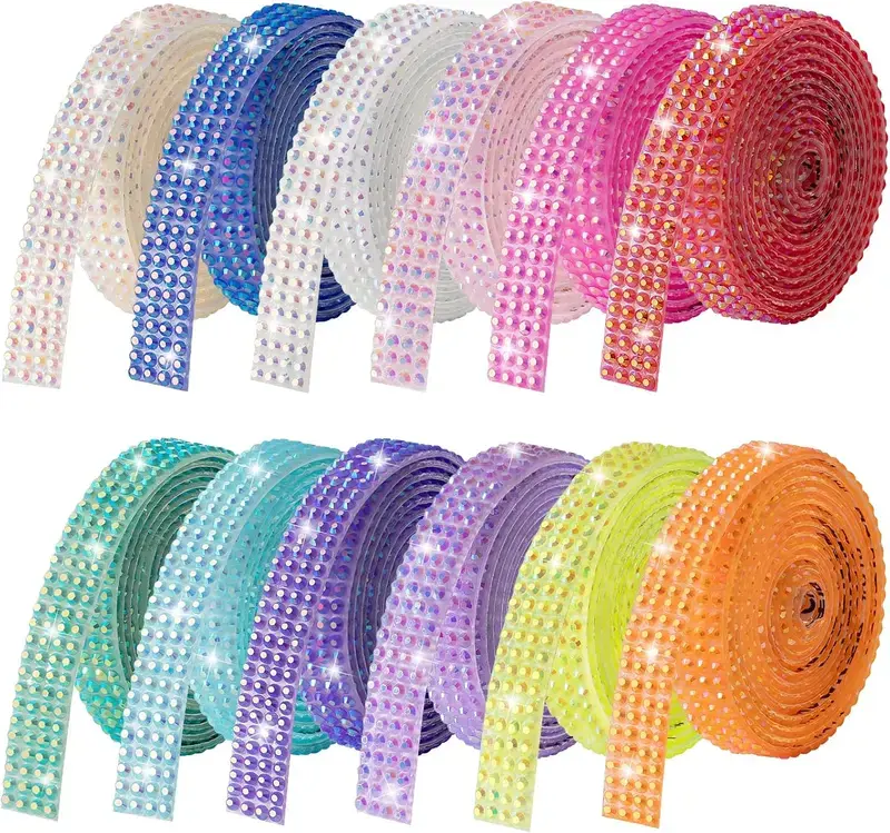 12-Rolls Self-Adhesive Rhinestone Ribbon – 12 Yards Total Crystal Gems Strips for DIY Craft, Bedazzling, Clothing & Home Decor