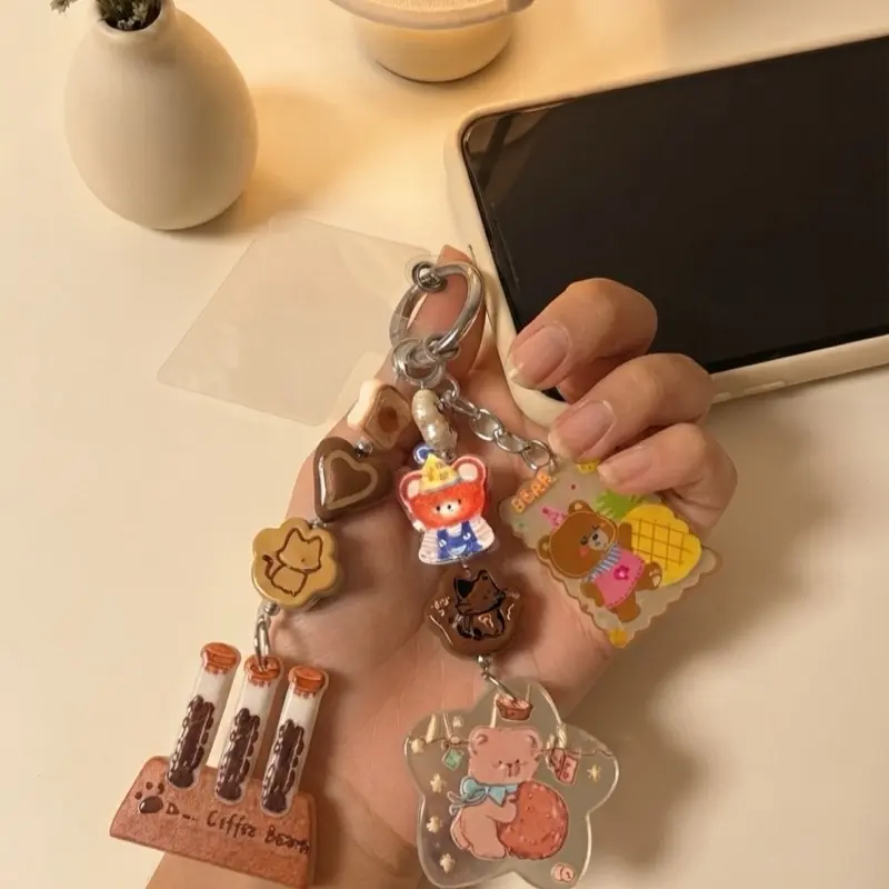 Kawaii Coffee Bear Multi-Charm Keychain, Compatible with Phones and Bags