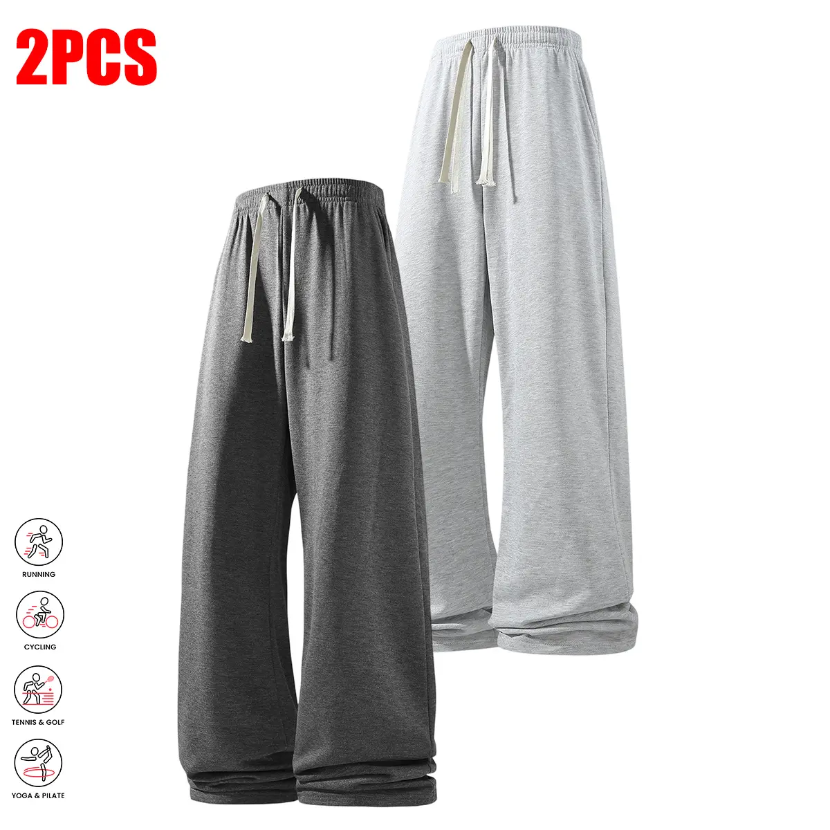 2-pack men’s casual athletic pants, loose fit; everyday sports leisure pants with side pockets; elastic fitness/running long pants with a drawstring waist and straight cut; perfect for gym training, holiday travel, and outdoor activities.