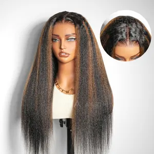 Kinky Straight Brown Highlight Invisi Strap 360 Skin Lace Frontal Glueless Wig Pre Everything Human Hair Wig