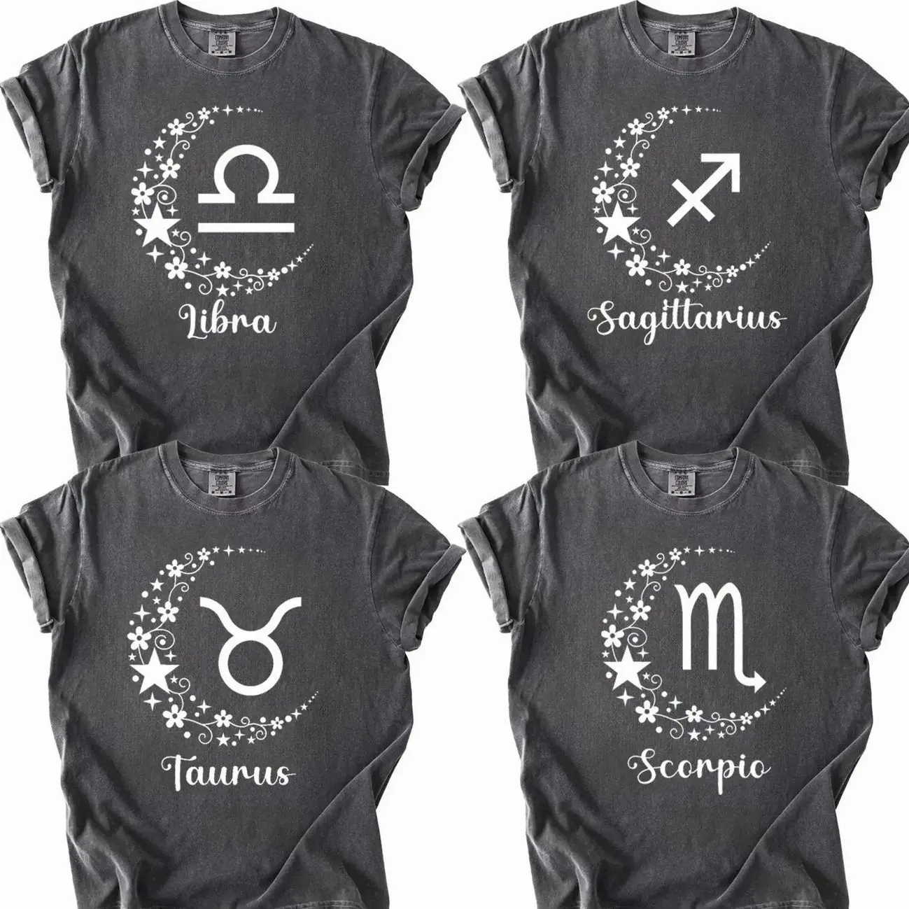 Comfort Colors All 12 Zodiac Signs T-Shirt, Celestial Moon Floral Horoscope Graphic Tee, Aesthetic Astrology Shirt, Custom Birth Month Astrology Lover Apparel, Mystic Aesthetic Witchy Reader Outfit, Spiritual Birthday Gift for Women & Men
