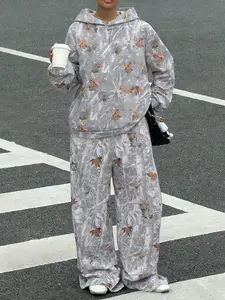 Unisex Matching Spring and Summer Outfit Set: Hoodie & Pants with Maple Leaf Pattern, Unisex Soft Casual Wear, Cozy Street Style for Relaxing