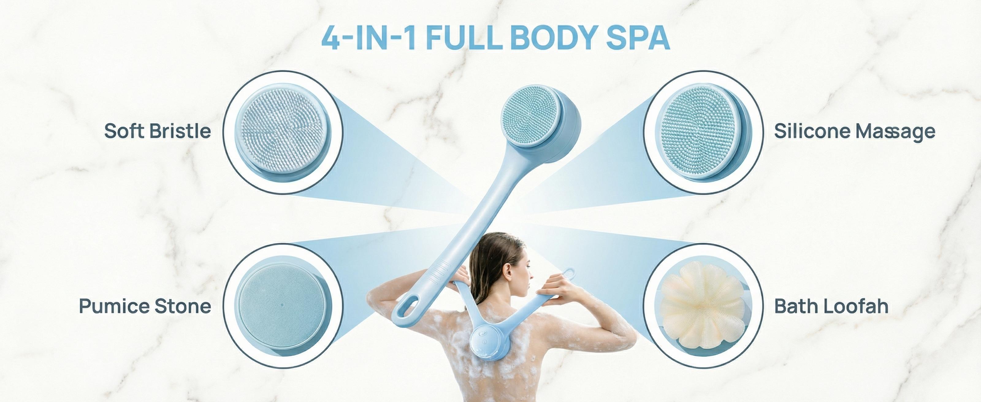 Rechargeable Electric Body Scrubber, Waterproof 360° Rotating Shower Brush with Dual Grip Handles, Full Body Bath Brush with 4 Detachable Heads for Deep Cleansing #SummerVibes