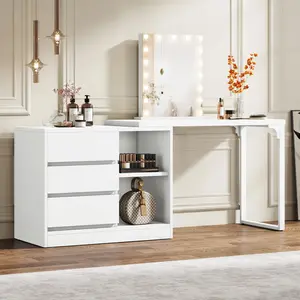 TRIBEWOOD Vanity Desk with 3 Drawers and 2 Shelves, White Small Makeup Vanity Table with Reversible Storage Cabinet, Modern White Corner Dressing Table for Bedroom, Makeup Room (Mirror not Included)