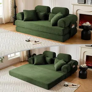 79" Sofa Bed, Deep Seat 32" Sleeper Sofa, 5-in-1 Convertible Sofa Bed, Boneless Couch in a Box, Corduroy Floor Futon with Thickened backrest and Headrest Pillows, Side Pockets