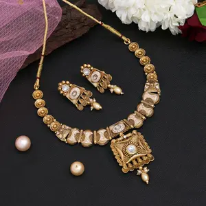 Rajwadi Matte Gold Necklace with White Imitation Pearls, Traditional Design, Perfect for Any Occasion