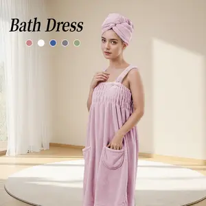 Women's Bathing Dress Set, Includes 1 Camisole Bath Skirt and 1 Dry Hair Cap, Soft and Absorbent, Available in Multiple Colors for Hotel, Spa, Home Bathroom