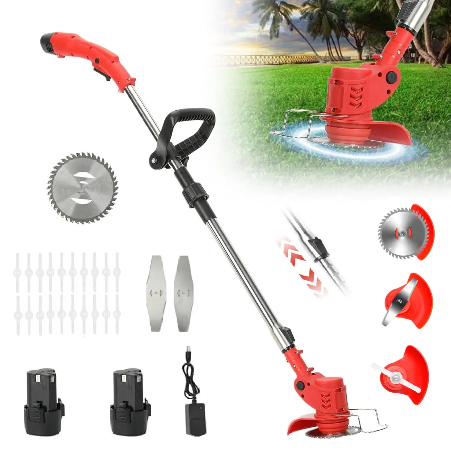 Electric Weed Wacker 12V Cordless String Trimmer with 23 Blades 2 pcs Battery 1 Charger and ,Grass Trimmer for Lawn equipment Yard Garden Bush Trimming & Pruning telescopic handle