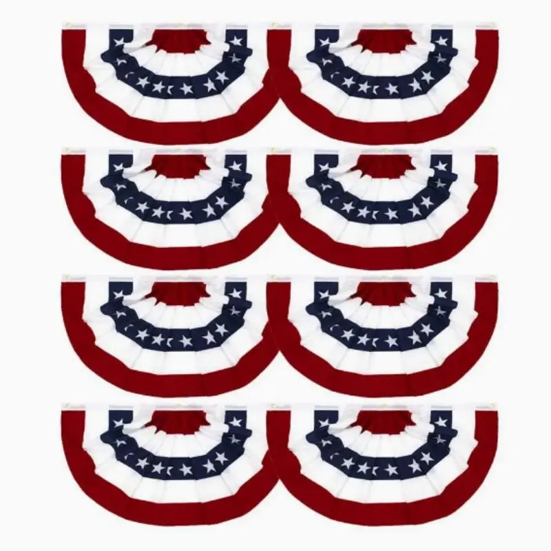 8-Piece Patriotic American Pleated Fan Flag Set, Patriotic Bunting, Bunting Flags Outdoor, July 4th Memorial Day Independence Day Decorations, Indoor Outdoor Use, Canvas Head Brass Eyelets