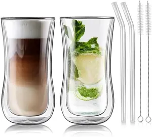 Glass Double Walled  Drinking Glasses Tumbler, Double Layer Tall Borosilicate Insulated Water  Glass Cups, Double Lined Thermo  Coffee Hot Beverage Glassware 12 oz, Set of 2