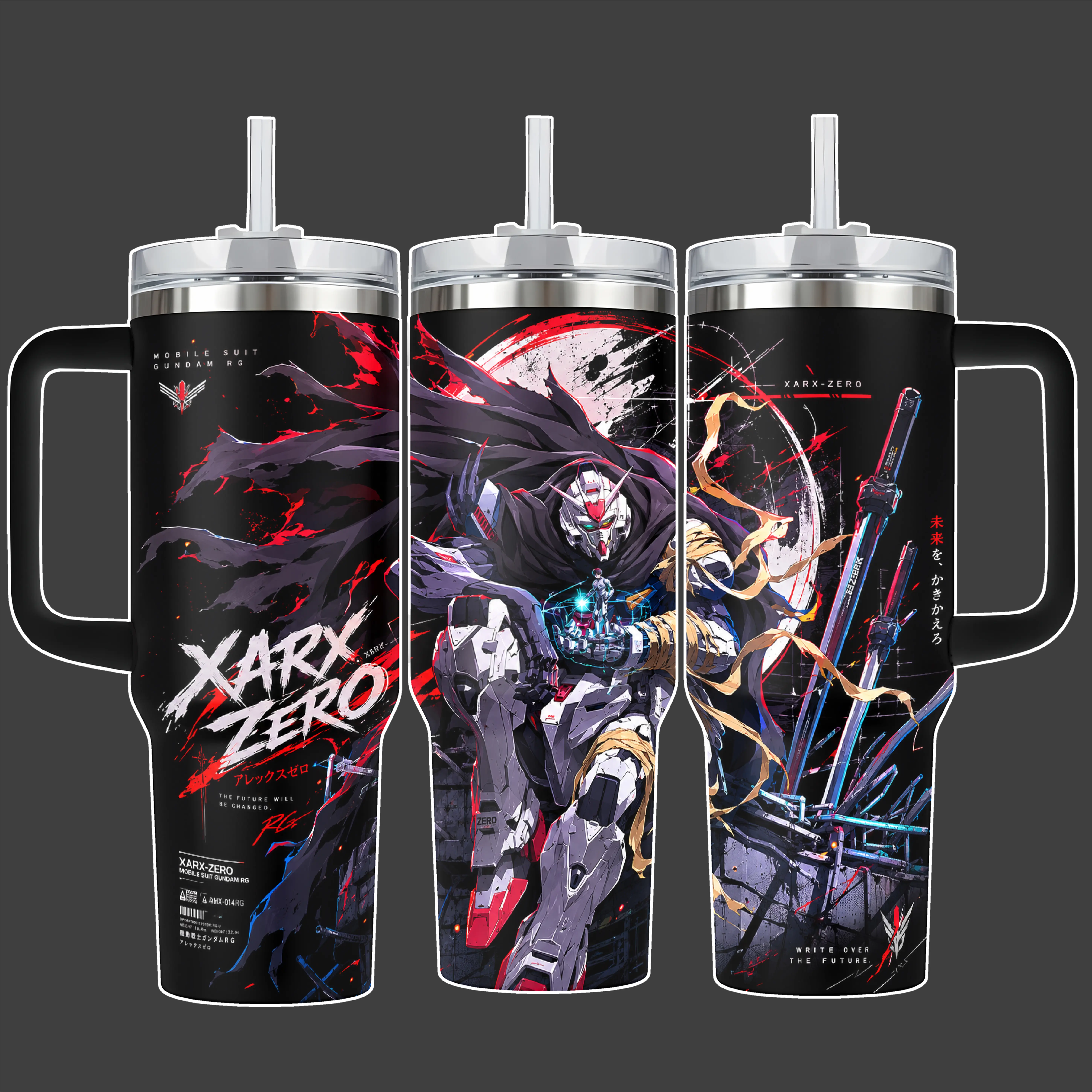 Mobile Suit Gundam X-ARY 0 Futuristic Mecha Anime Stainless Steel Insulated Tumbler, Red-White-Black Full Wrap, 20oz/40oz With Straw Lid, 40oz Handle Option