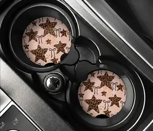 Leopard Star Car Coasters – Cute Western Cheetah Star Cup Holder Inserts, Trendy Cowgirl Aesthetic Car Decor, Pink Girly Retro Auto Accessories