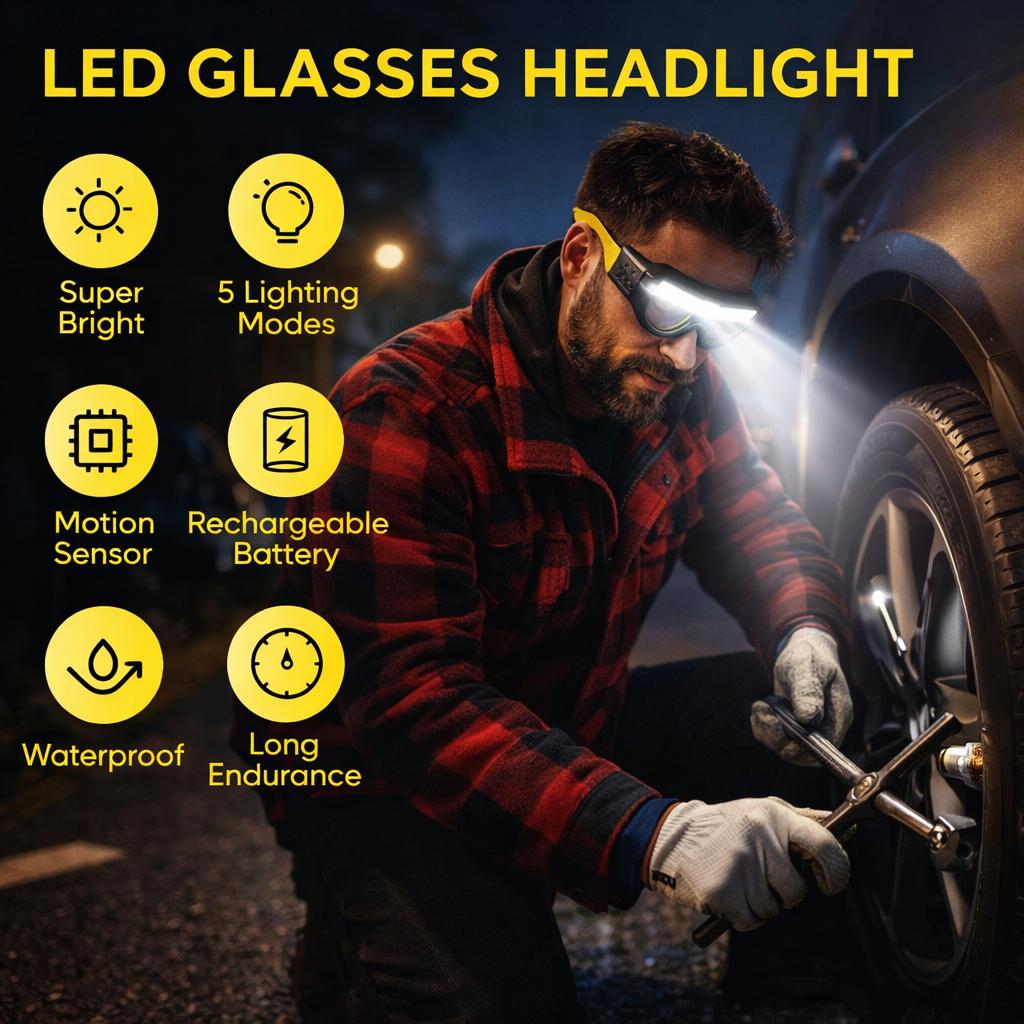 Gesture Control LED Glasses – Rechargeable USB-C Headlamp with 5 Modes, Hands-Free Sports & Work Lighting